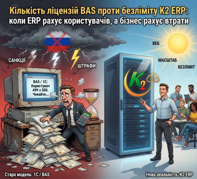 Кількість ліцензій BAS проти безліміту K2 ERP: коли ERP рахує користувачів, а господарська одиниця рахує втрати
